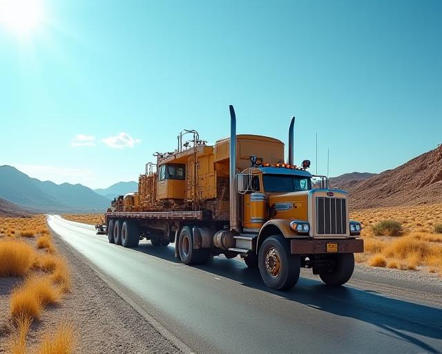 Heavy haul flatbed carrying construction equipment through Inland Empire