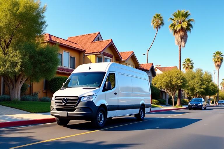 Last-mile delivery van in Los Angeles residential neighborhood
